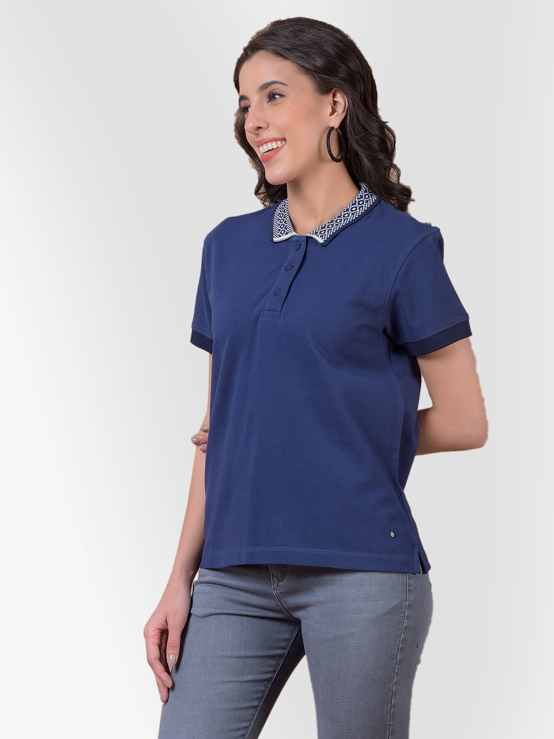 Numero Uno Women Navy Polo Neck T-Shirt With Printed Collar